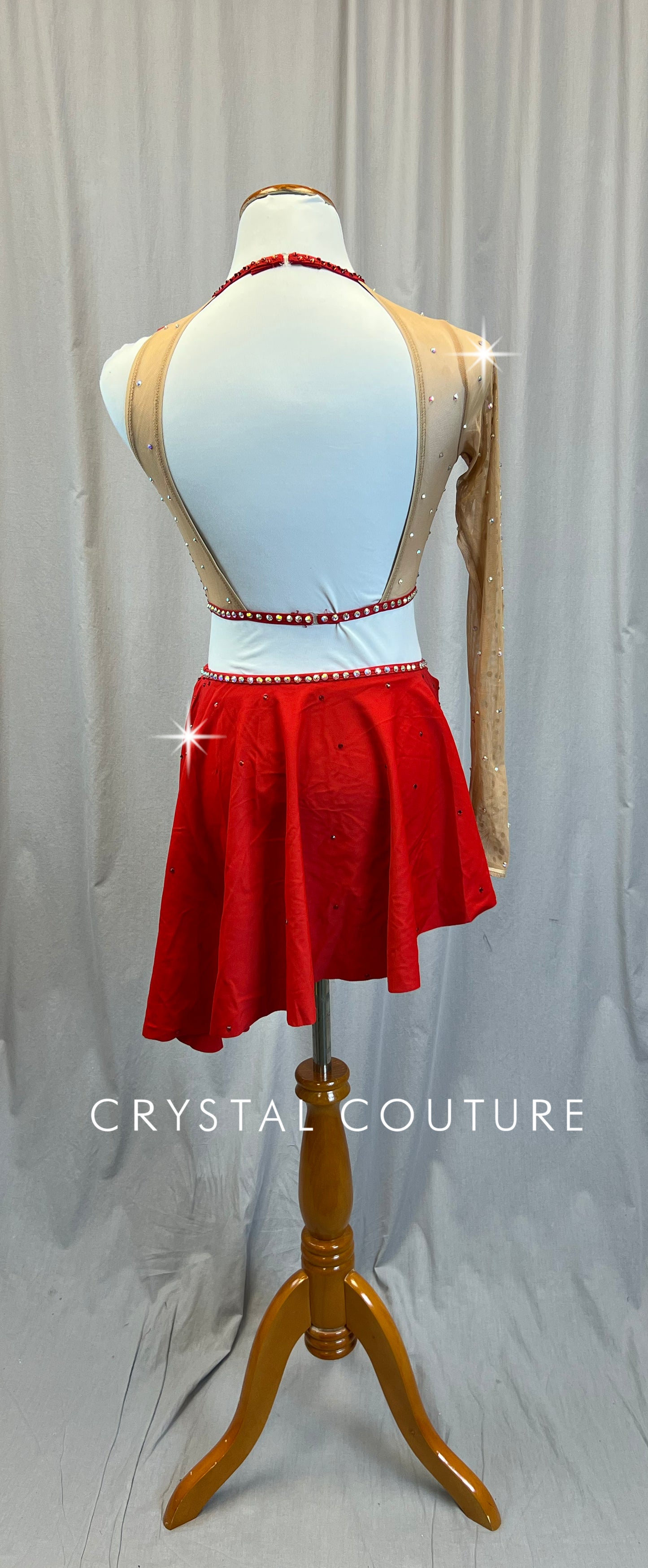 Custom Red and Nude One Sleeve Leotard with Half Skirt-Rhinestones