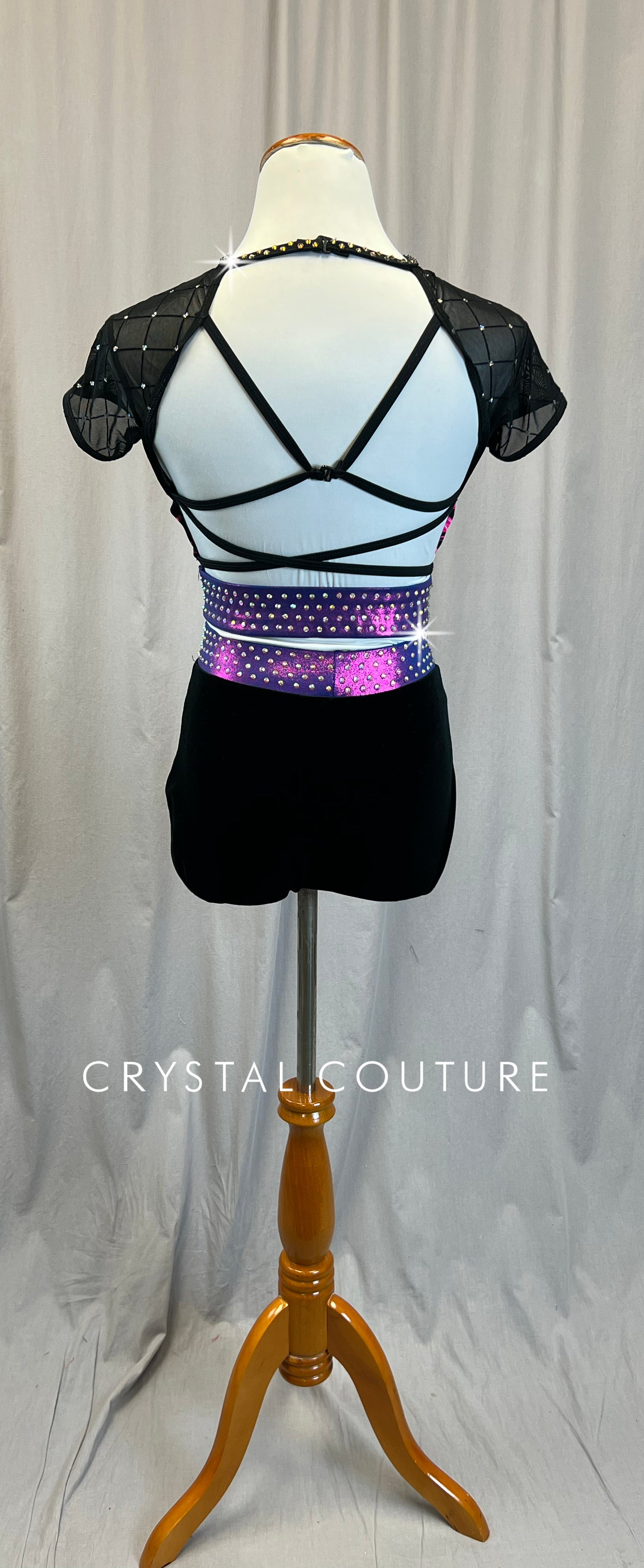 Custom Black and Pink Lightning Bolt Short Sleeve and Shorts Two-Piece - Rhinestones