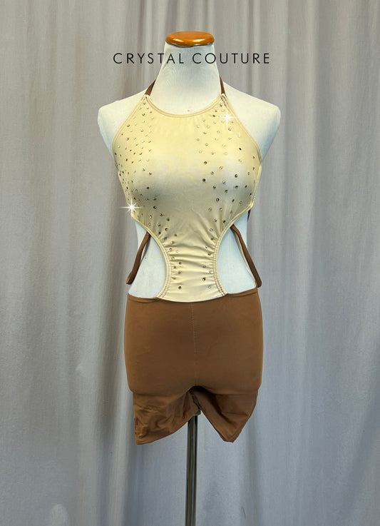 Tan/Caramel Strappy Biketard - Rhinestones