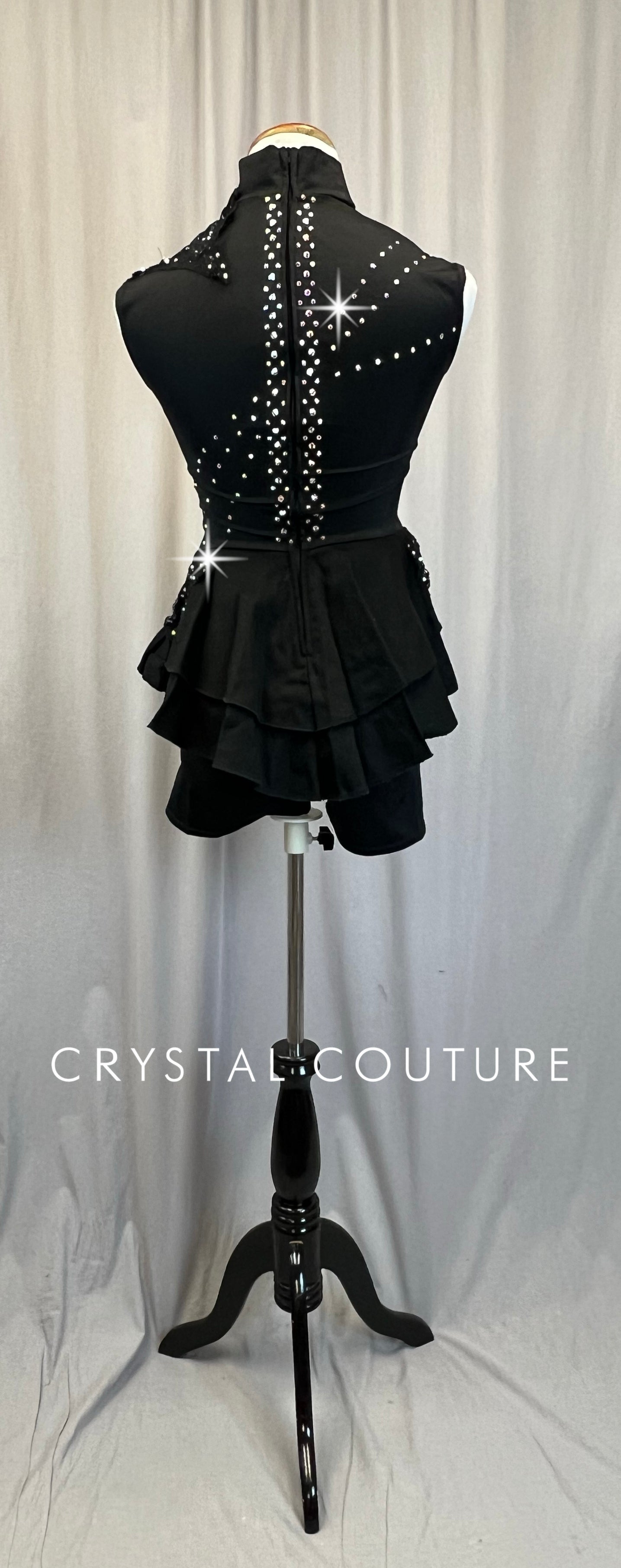 Black Corset Style Biketard with half-skirt - Rhinestones