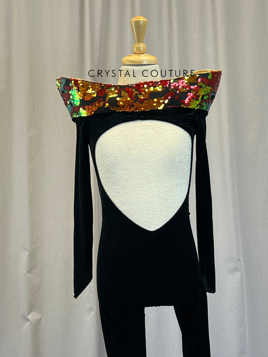 Custom Black Velvet Long Sleeve Unitard with Sequin Collar
