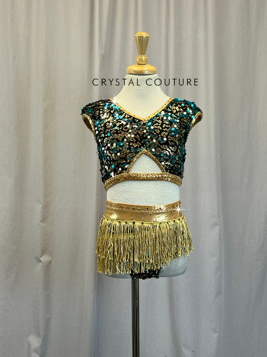 Custom Metallic Gold with Black Lace and Teal Sequins Two-Piece Set-Rhinestones