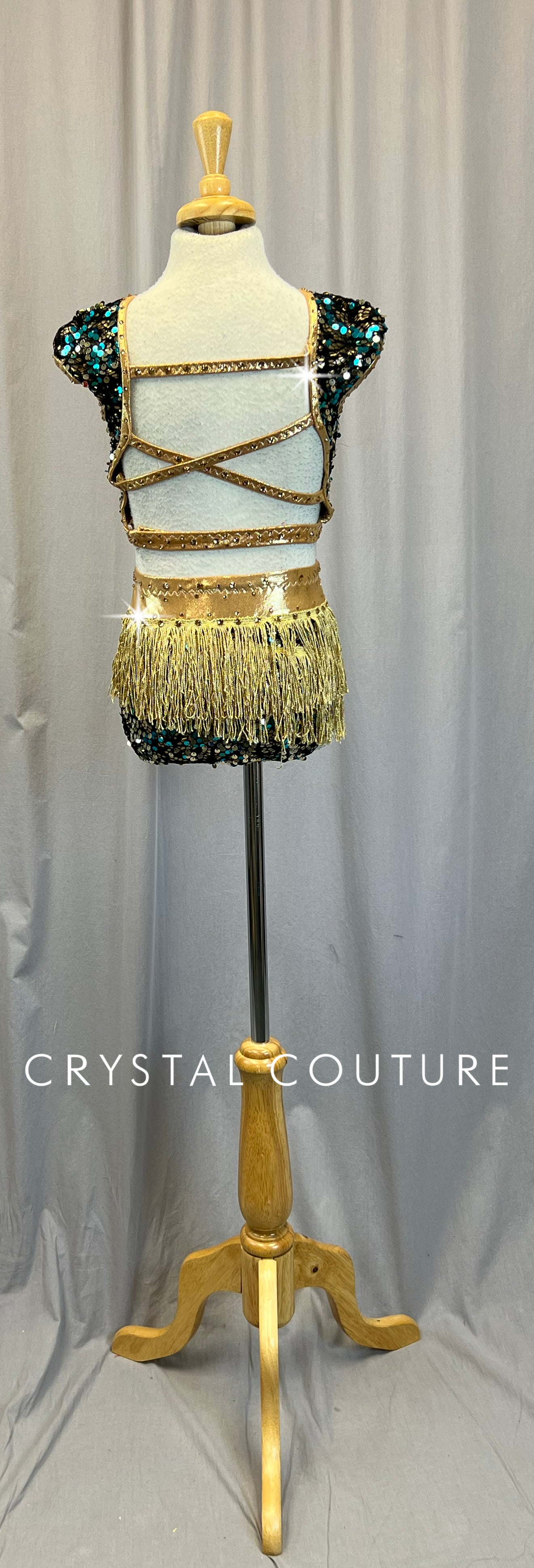 Custom Metallic Gold with Black Lace and Teal Sequins Two-Piece Set-Rhinestones
