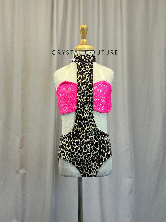 Custom Neon Pink and Cheetah Print Two-Piece Set - Rhinestones