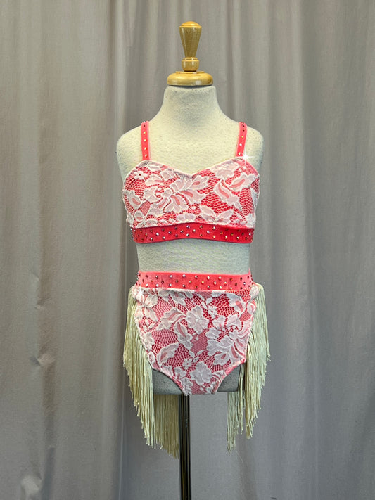 Custom Coral and White Two Piece Set with Fringe - Rhinestones