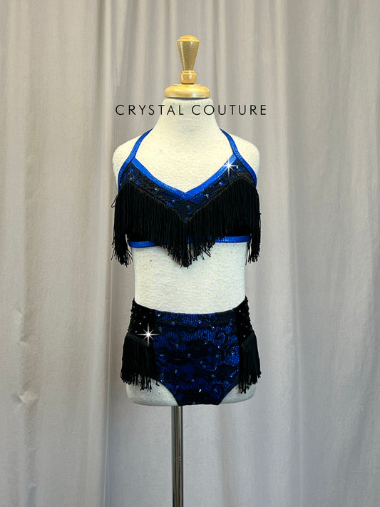 Royal Blue and Black Lace and Velvet Two-Piece Set - Rhinestones