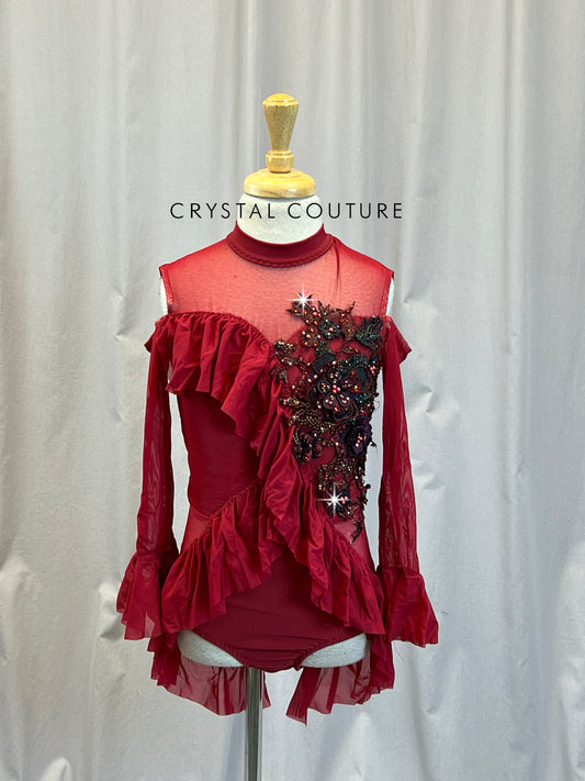 Deep Red Sleeveless Leotard With Red Mesh Longsleeve Flutter Sleeves -Rhinestones, Appliques, Hairpiece