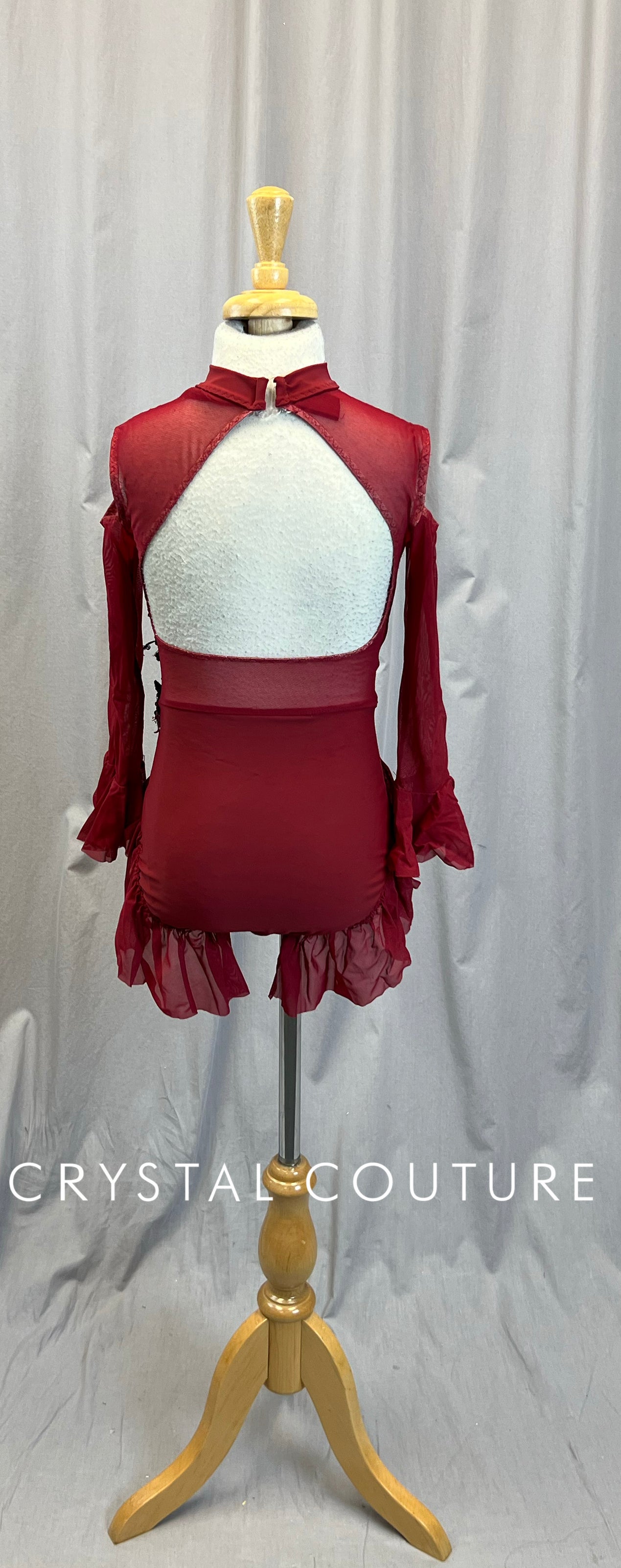 Deep Red Sleeveless Leotard With Red Mesh Longsleeve Flutter Sleeves -Rhinestones, Appliques, Hairpiece