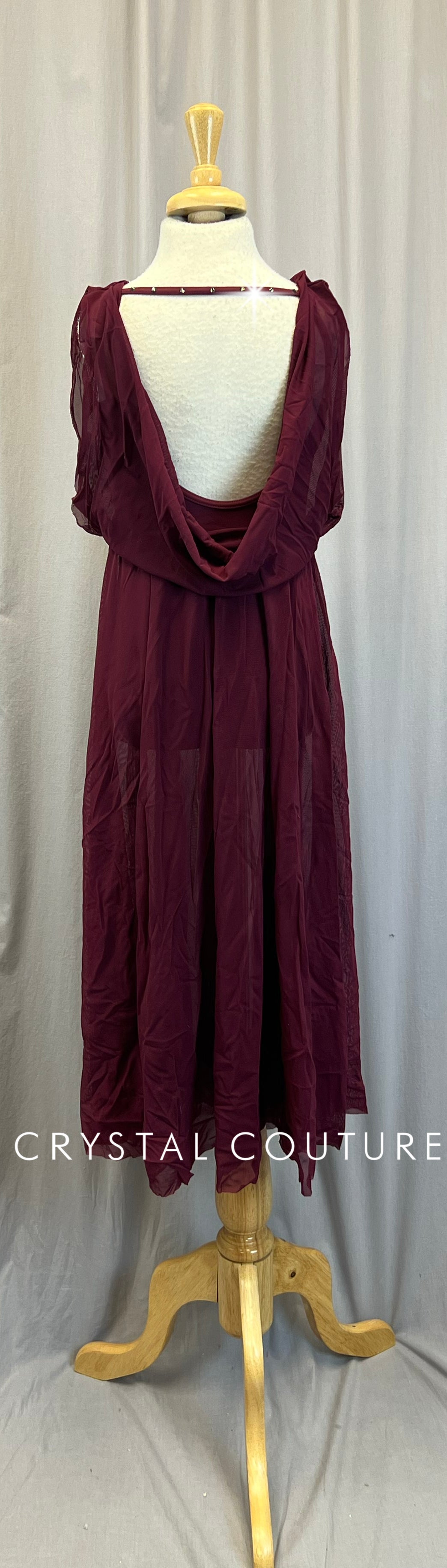 Maroon Full Length Mesh Cowl Dress - Rhinestones
