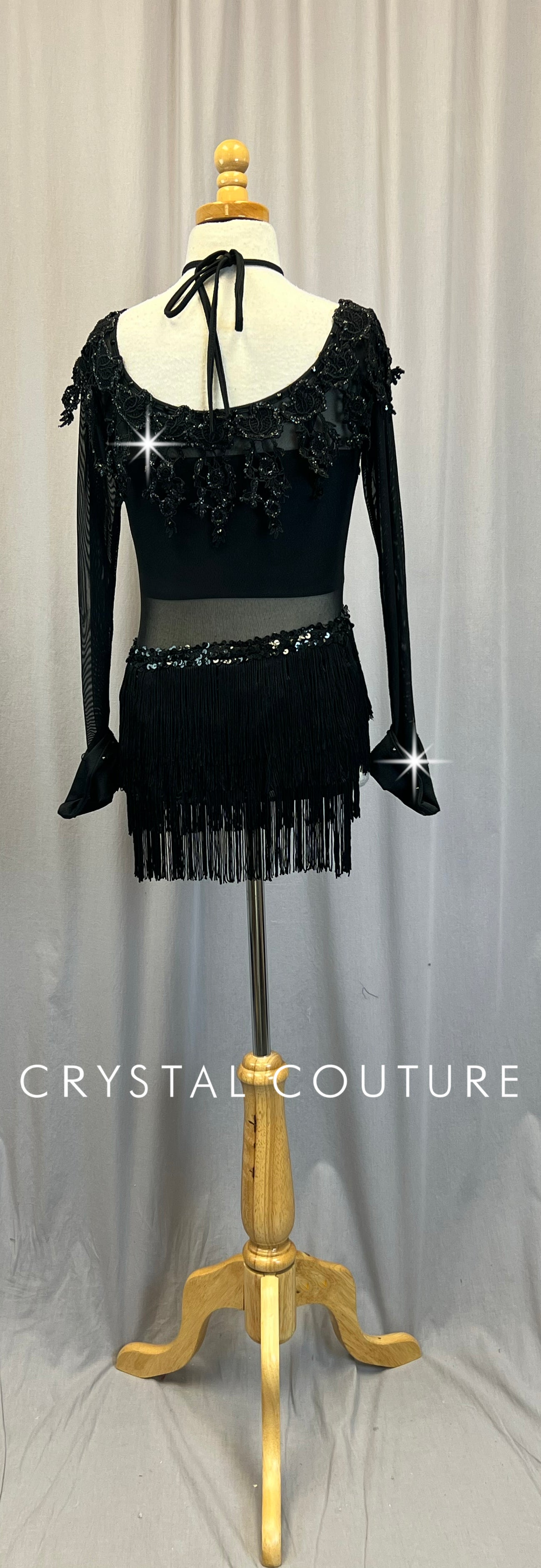 Black Glitter Applique Mesh and Fringe Long Sleeve Leotard - Rhinestones