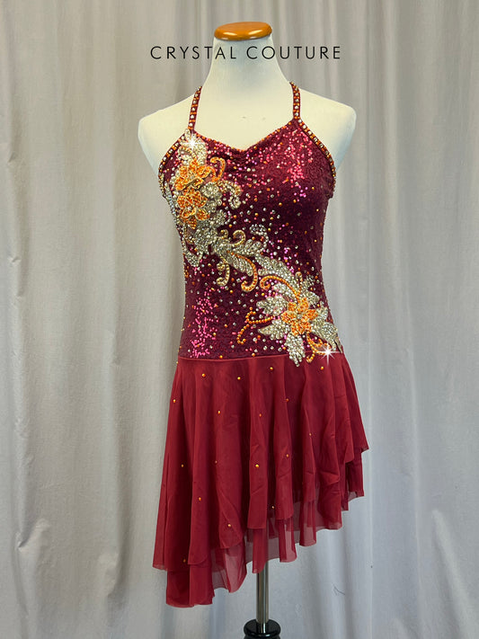 Red and Orange Sequin and Mesh Dress - Rhinestones