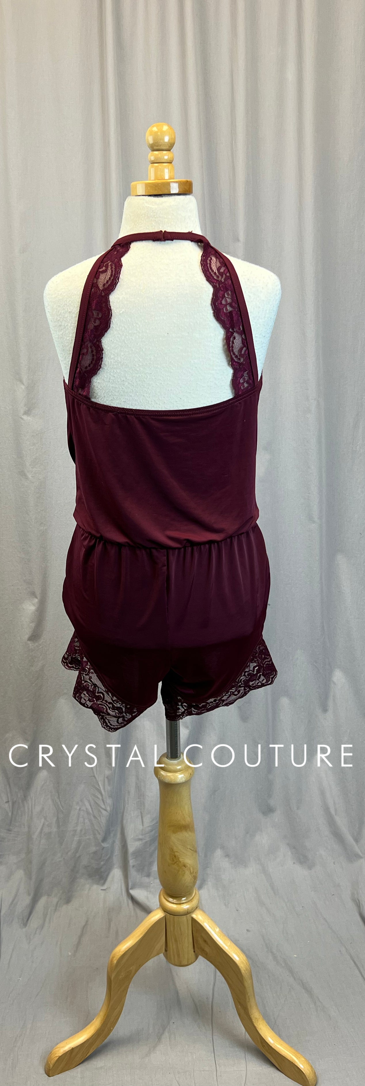 Burgundy Nylon and Lace Romper with Built-in Biketard