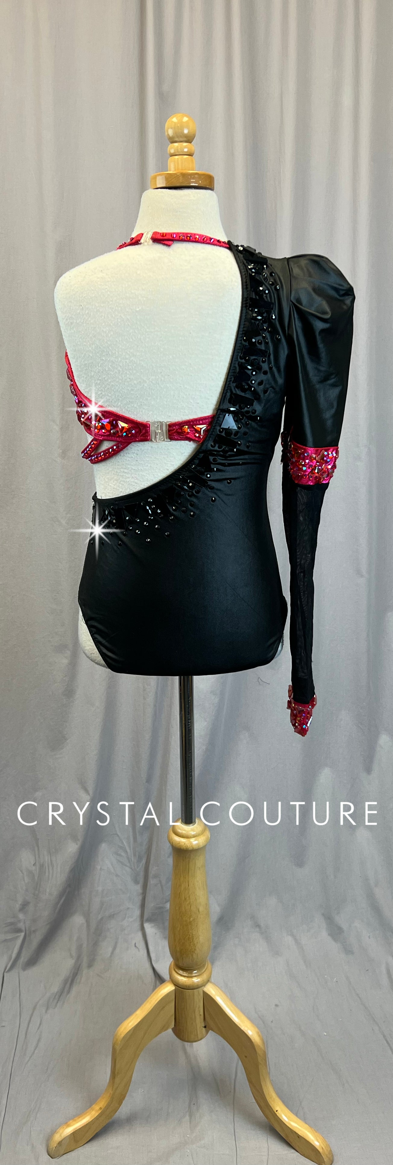 Black and Pink One Sleeve Gemstone Leotard - Rhinestones
