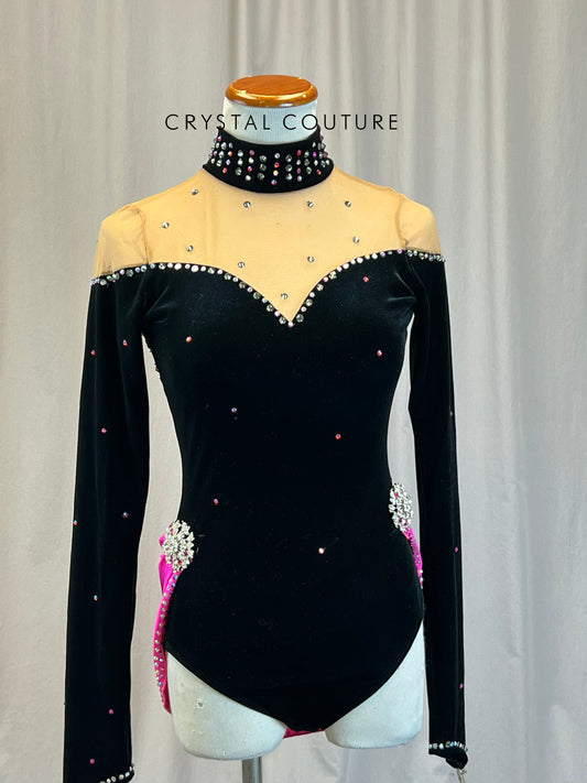 Black Velvet Long Sleeve Leotard with a Hot Pink Half Skirt - Rhinestones