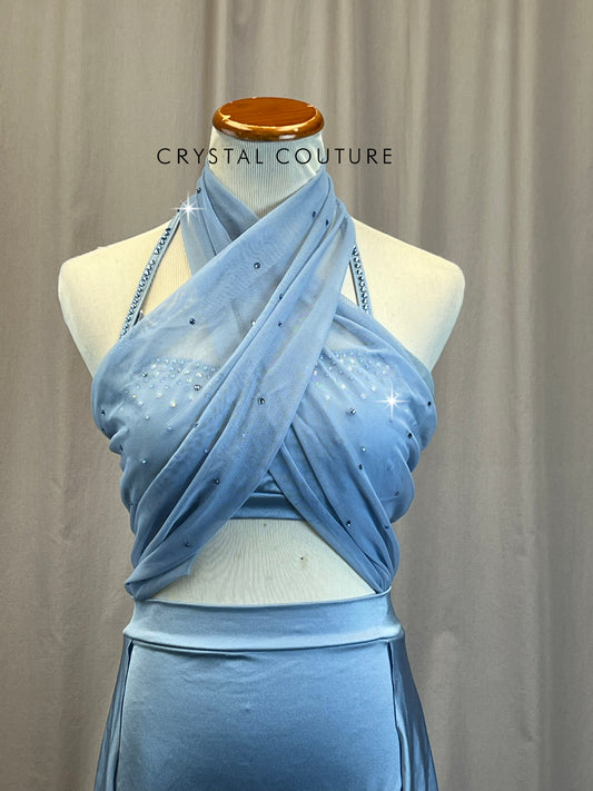 Light Blue Mesh Crop Top and Skirt Leotard - Rhinestones
