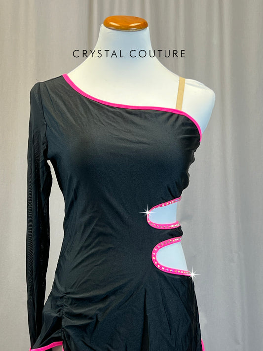 Black Dress with Pink Accents and Mesh Sleeve/Glove - Rhinestones