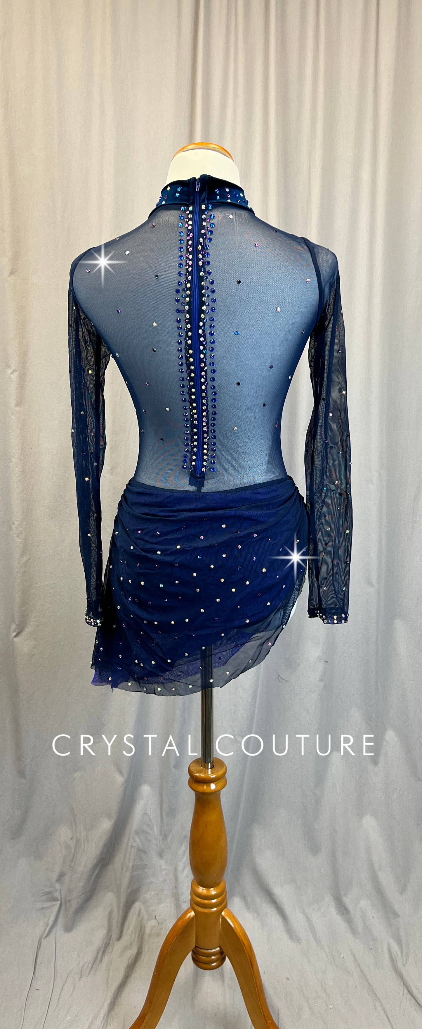 Navy Velvet and Mesh Long Sleeve Dress - Rhinestones