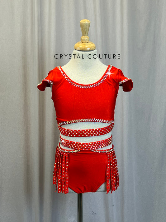 Custom Red Strappy Fringe Two-Piece Set - Rhinestones