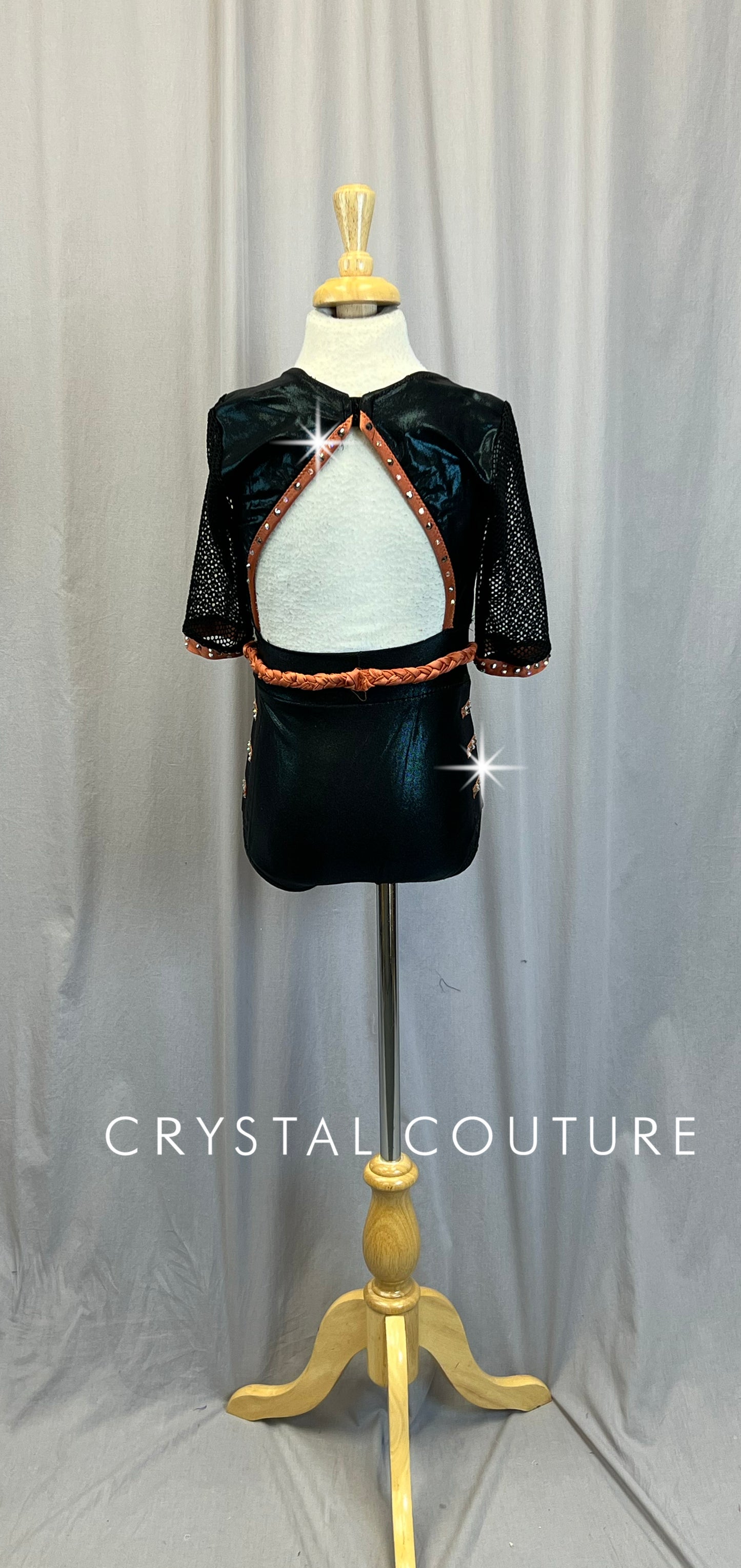 Custom Black and Orange Fishnet Metallic Leotard - Rhinestones