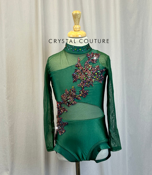 Custom Green Mesh and Lycra Long Sleeve Leotard - Appliques - Rhinestones