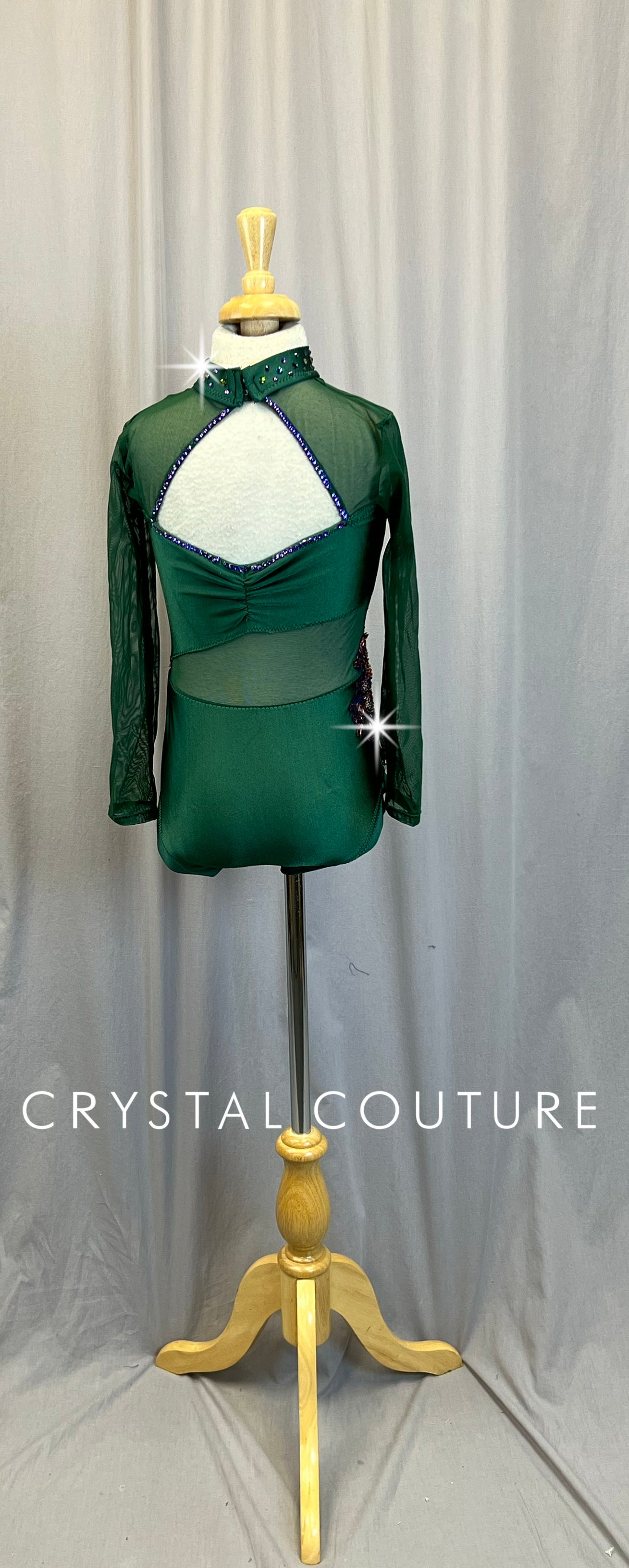 Custom Green Mesh and Lycra Long Sleeve Leotard - Appliques - Rhinestones