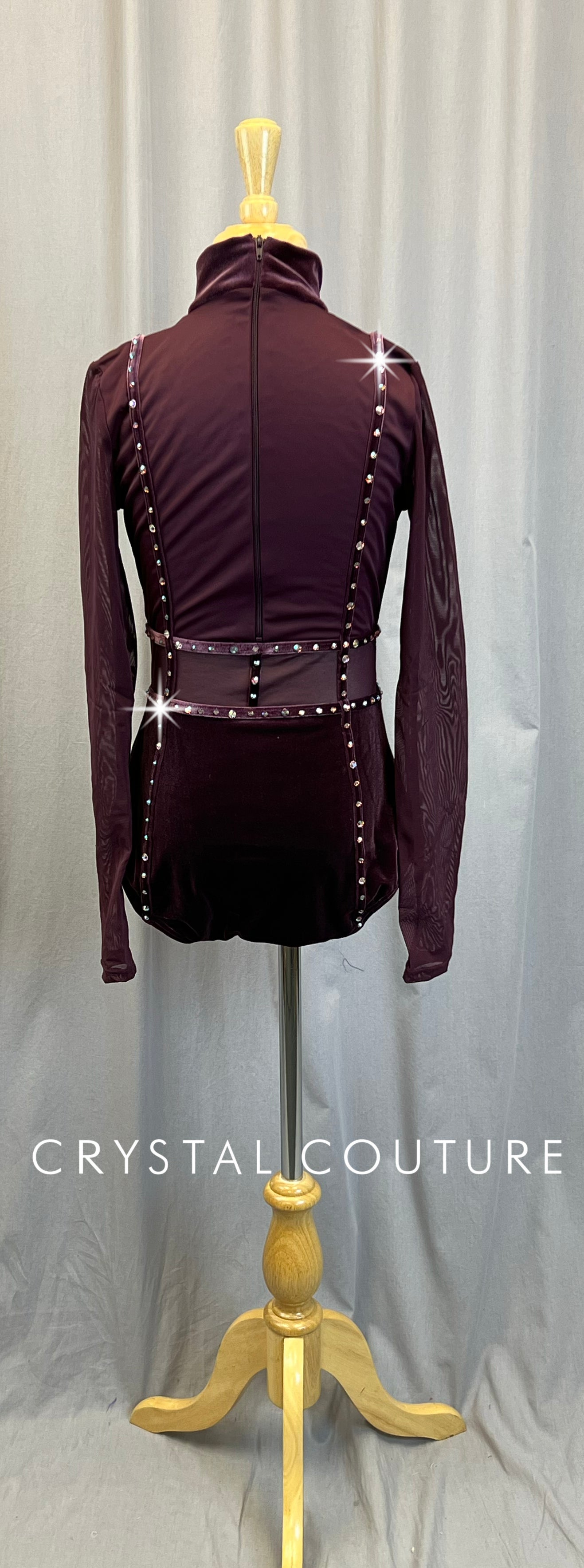 Plum Velvet and Mesh Long Sleeve Leotard - Rhinestones