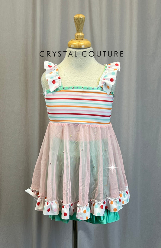 Custom Pastel and Mint Polka Dot and Stripe Dress and Shorts Set - Rhinestones