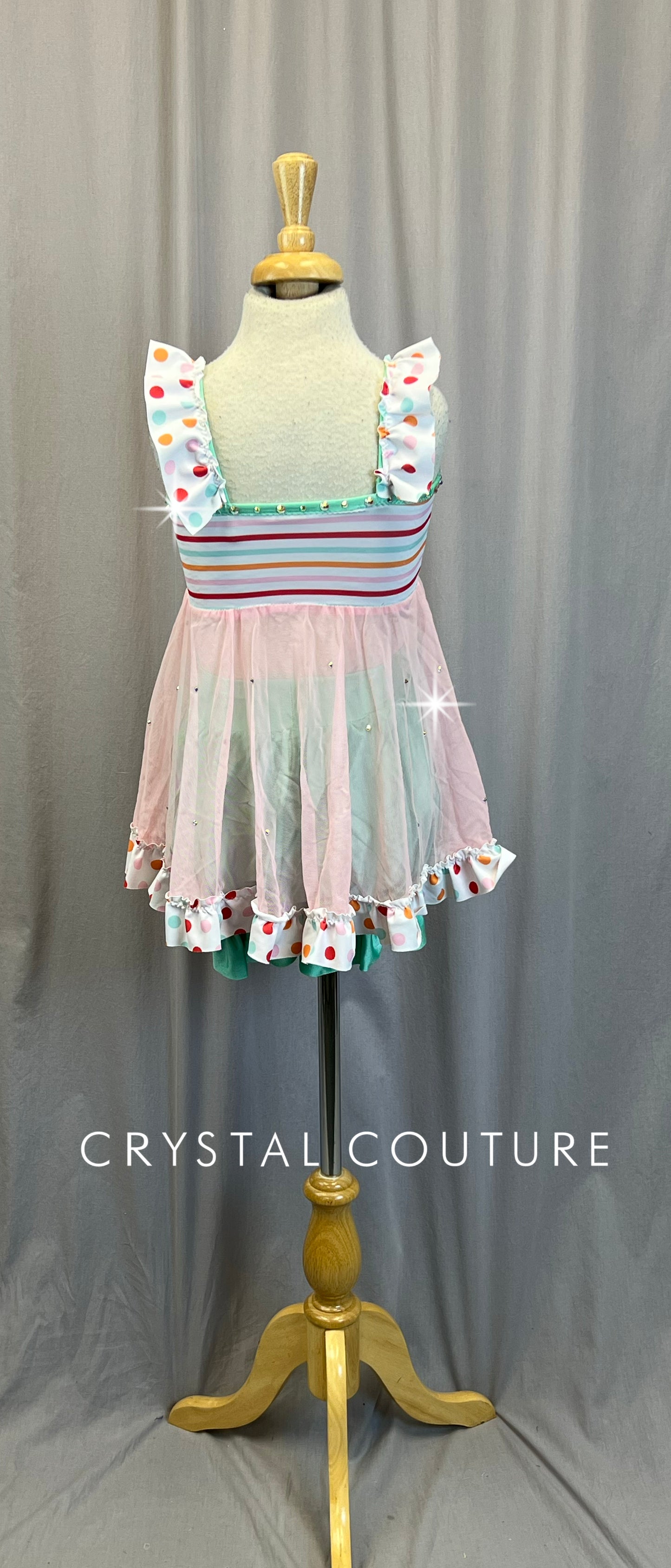 Custom Pastel and Mint Polka Dot and Stripe Dress and Shorts Set - Rhinestones