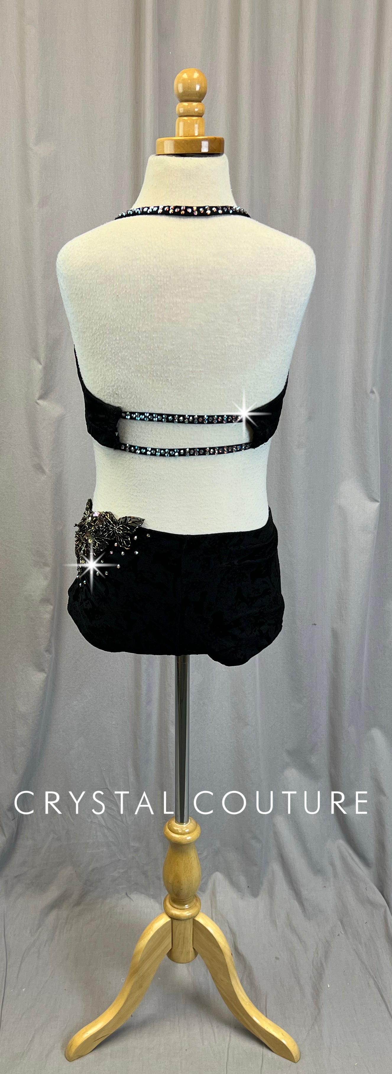 Custom Black Bra Top and Shorts Set with Bronze and Purple Appliques - Rhinestones