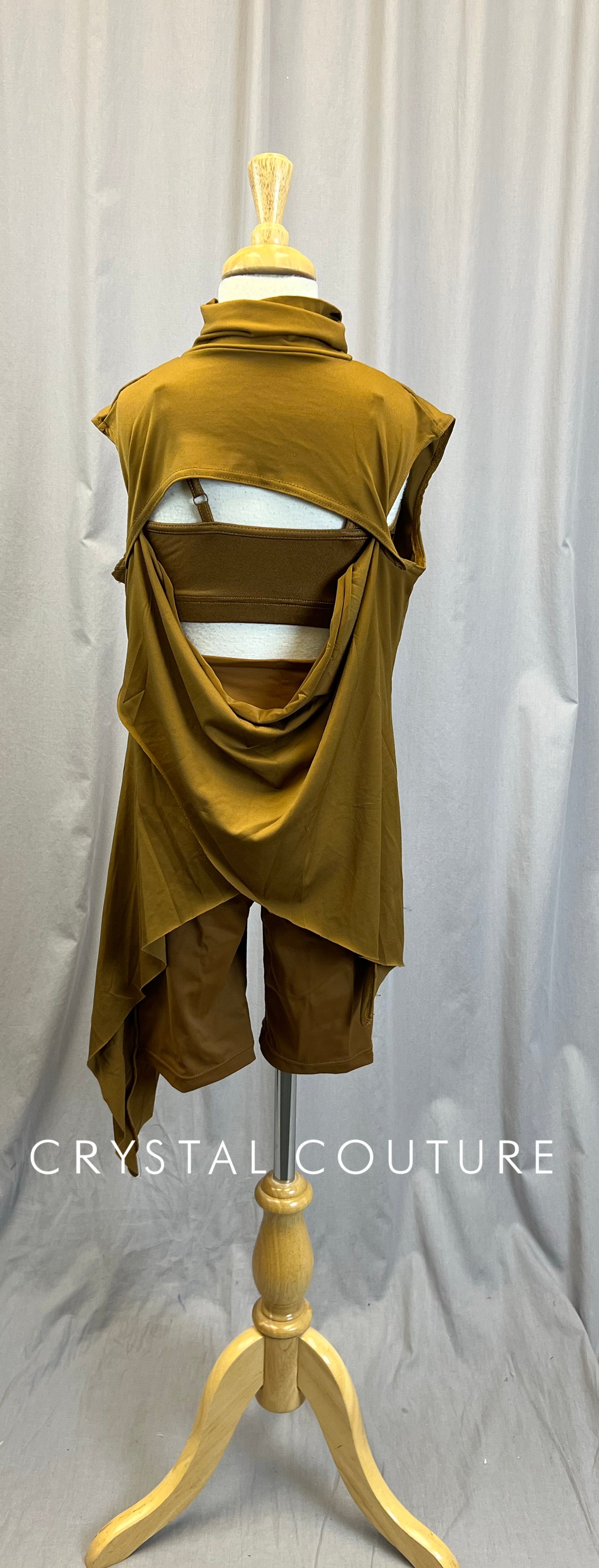 Tan/Sepia asymmetrical Tunic and Bike Short Three-Piece Set