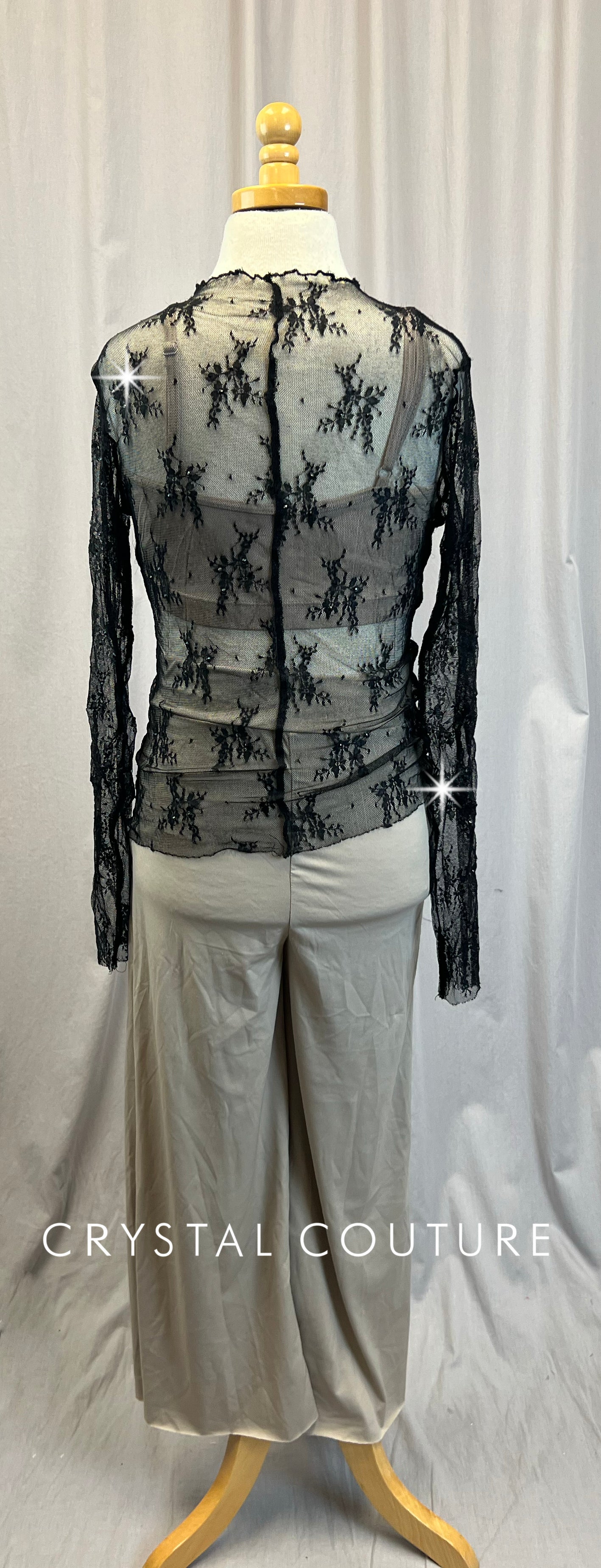 Black Mesh Lace Long Sleeve with Beige Pants and Bra Top Set- Rhinestones