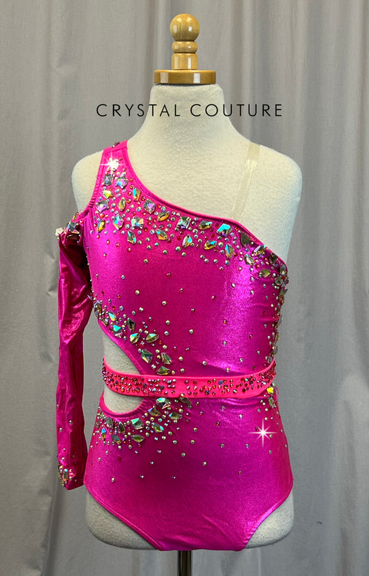 Hot Pink One Sleeve asymmetrical Cut-Out Leotard - Rhinestones