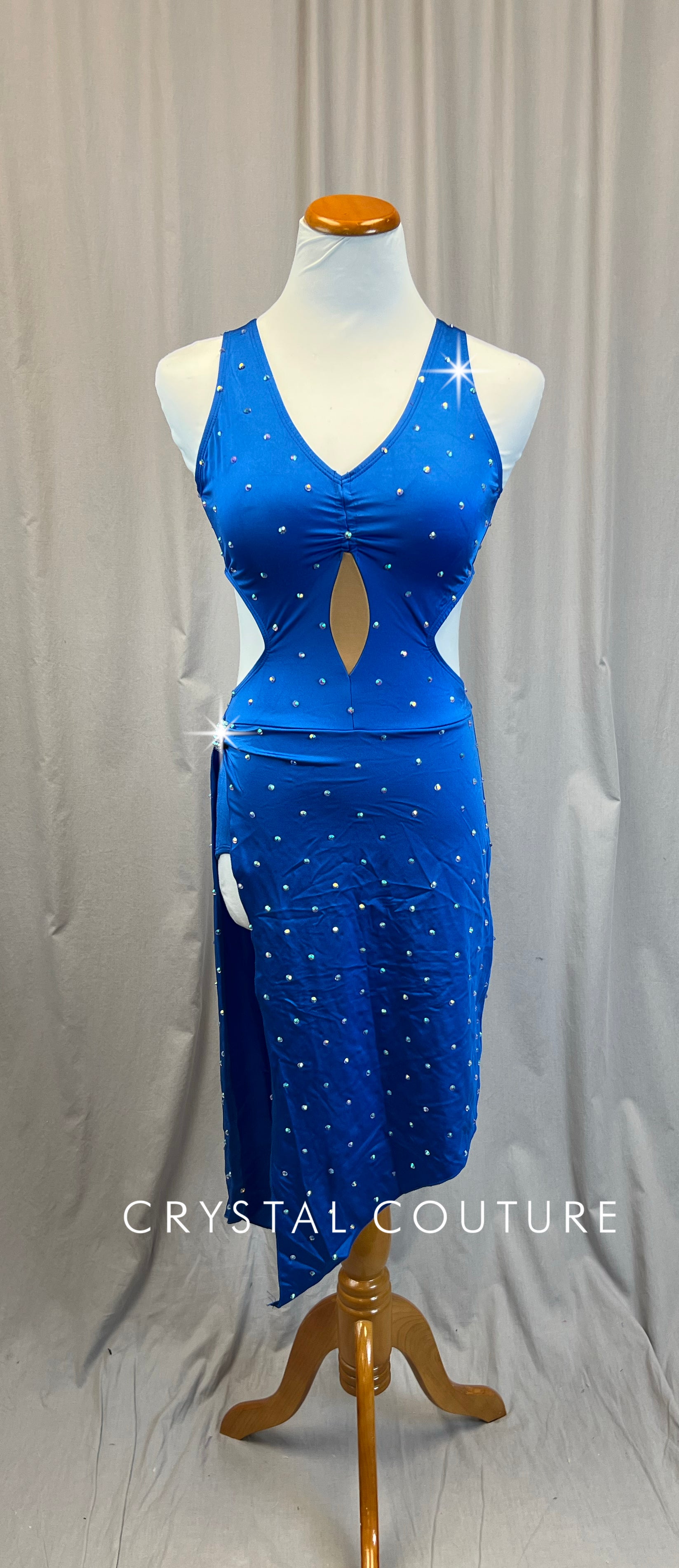 Royal Blue Fitted Asymmetrical Dress with High Slit- Rhinestones Crystal Couture Royal Blue Fitted Asymmetrical Dress with High Slit- Rhinestones Crystal Couture