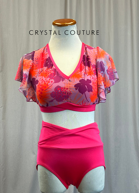 *Brand New*Hot Pink Patterned Mesh Sleeve Crop Top and Brief Set *New*