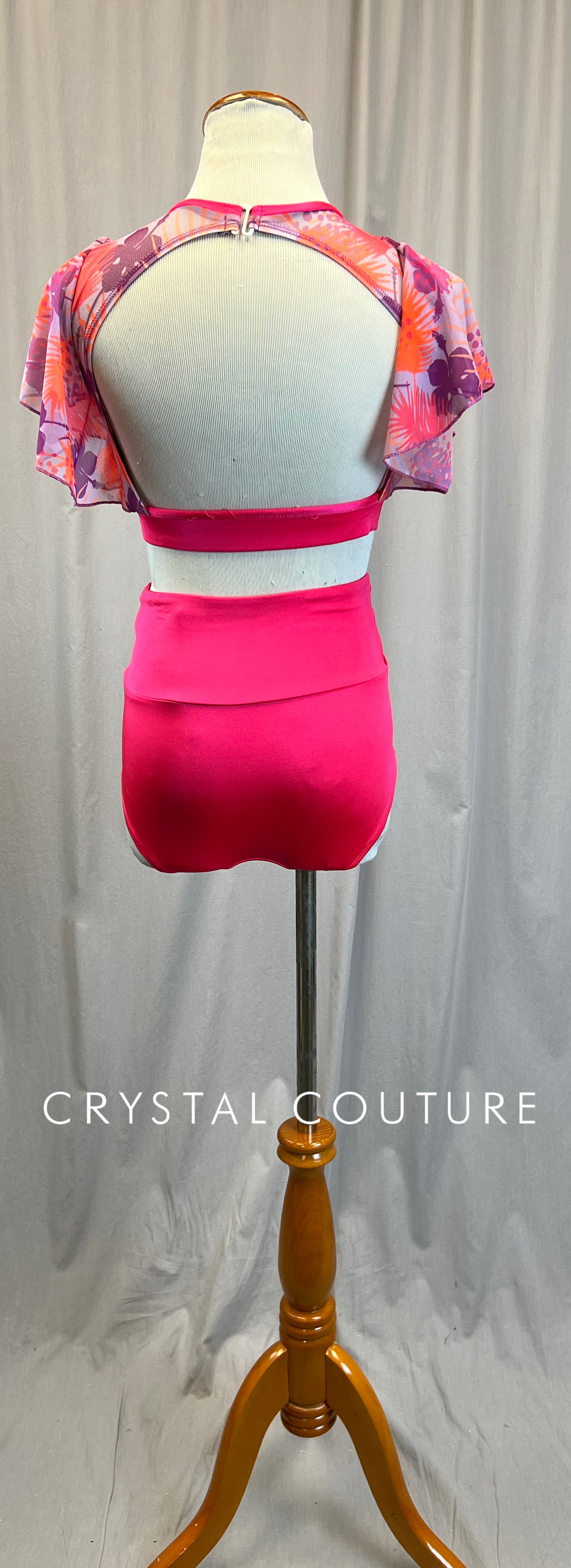 *Brand New*Hot Pink Patterned Mesh Sleeve Crop Top and Brief Set *New*