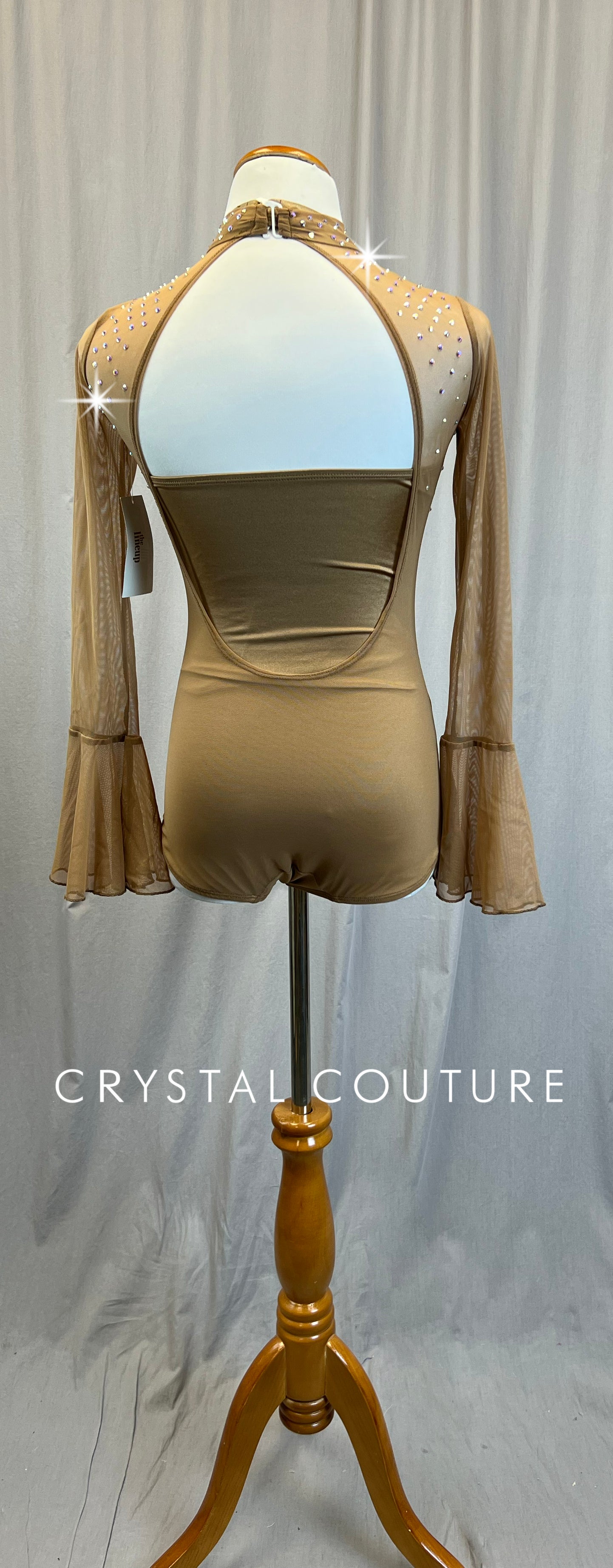 *Brand New* Tan Mesh Bell Sleeve Leotard - Rhinestones