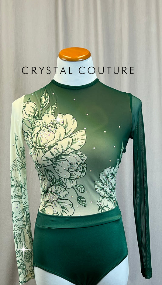 *Brand New* Green and Cream Mesh Floral Long Sleeve Leotard - Rhinestones