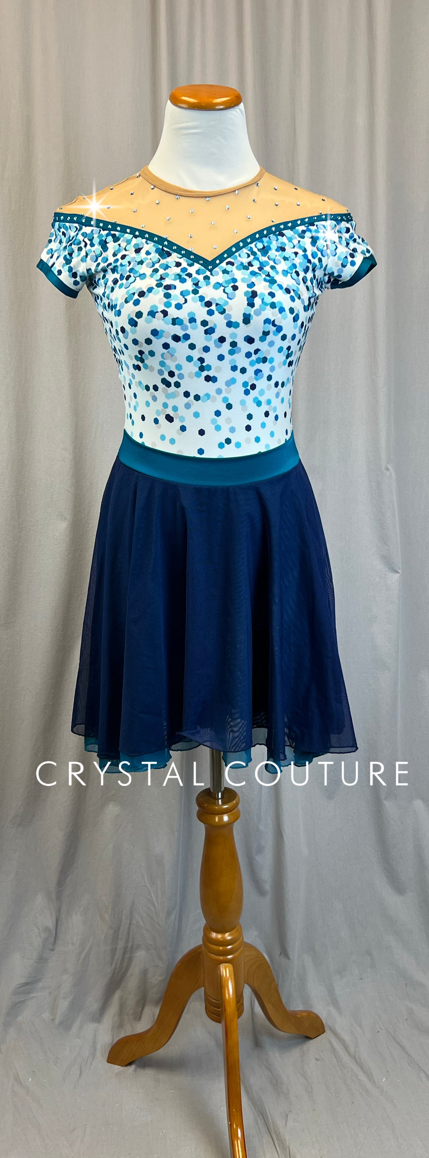 Brand New* Blue, White, and Teal Short Sleeve Ice Skating Dress - Rhi Crystal Couture Brand New* Blue, White, and Teal Short Sleeve Ice Skating Dress - Rhi Crystal Couture