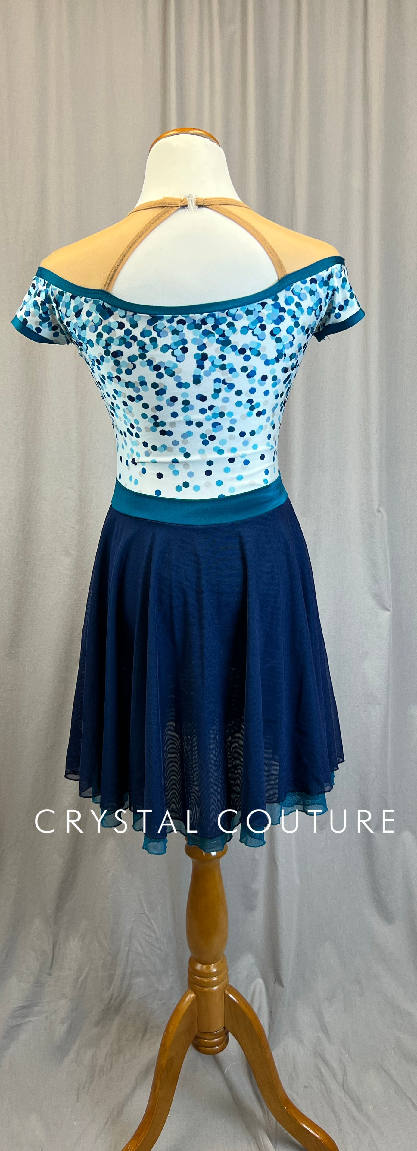 *Brand New* Blue, White, and Teal Short Sleeve Ice Skating Dress - Rhinestones
