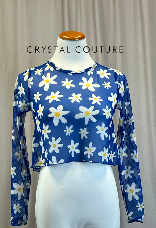 *Brand New* Blue and White Daisy Mesh Long Sleeve Top