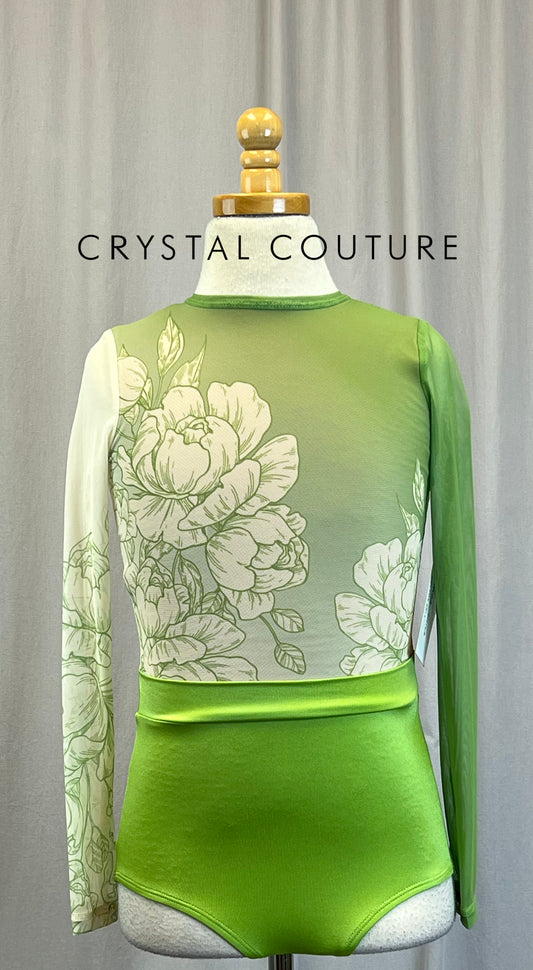 *Brand New* Light Green and Ivory/Cream Mesh Floral Long Sleeve Leotard