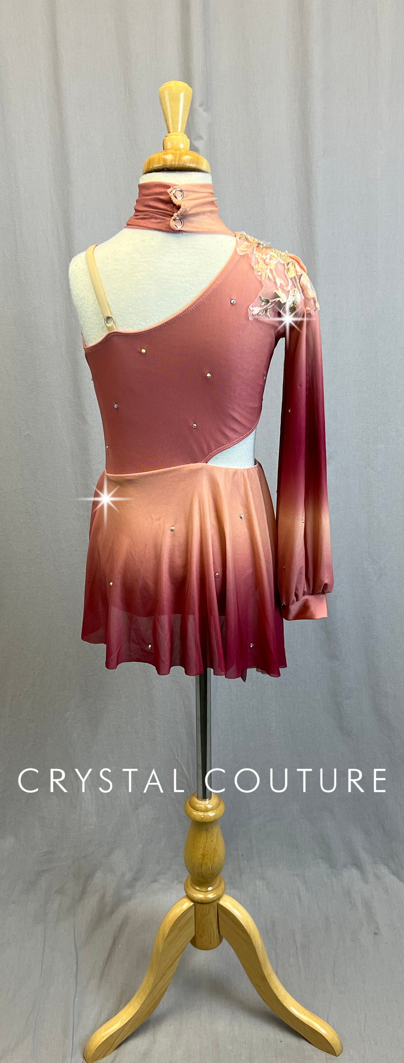 Peach and Berry Pink Ombre One Sleeve Leotard with Attached Skirt - Rhinestones