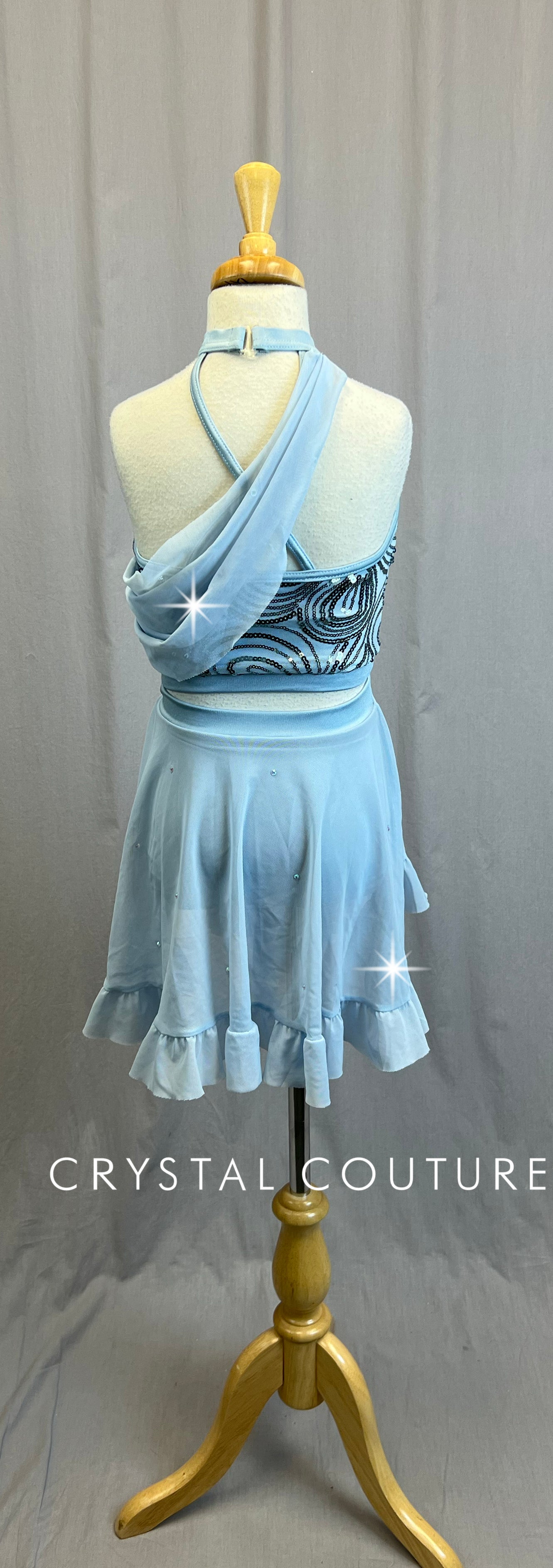 Sky Blue Mesh and Sequin Crop Top and Skirt Two-Piece Set- Rhinestones