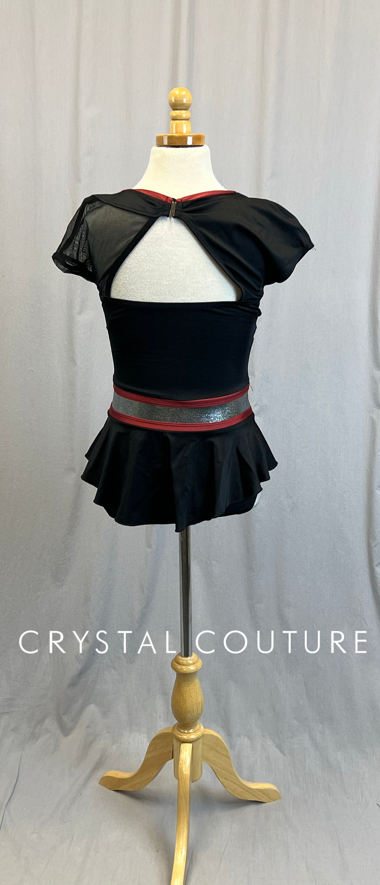 *Brand New* Black Lycra Cap Sleeve Leotard with Burgundy and Silver Accents
