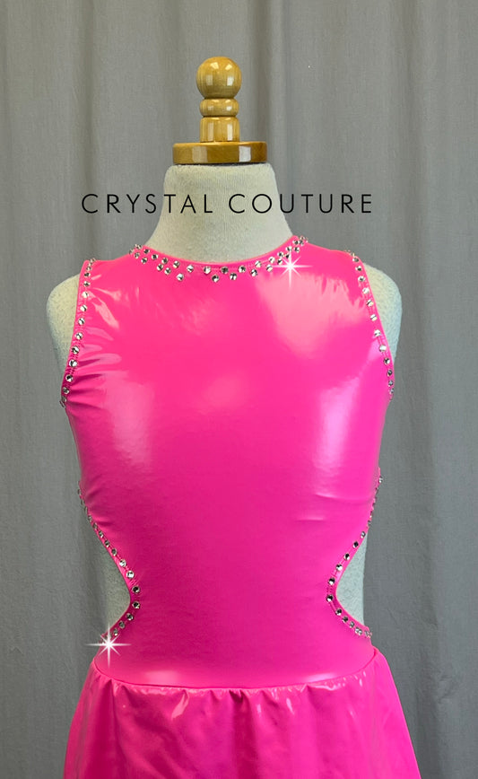 Neon Pink Pleather Dress with Cutouts - Rhinestones