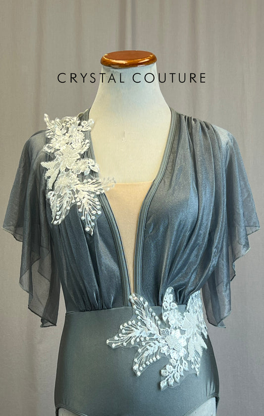 Gray Leotard with Shimmer Mesh Overlay and Flutter Sleeve