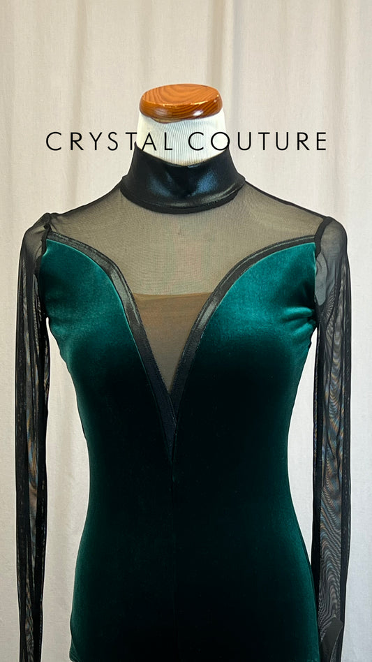 *Brand New* Dark Green Velvet and Black Mesh Long Sleeve Leotard