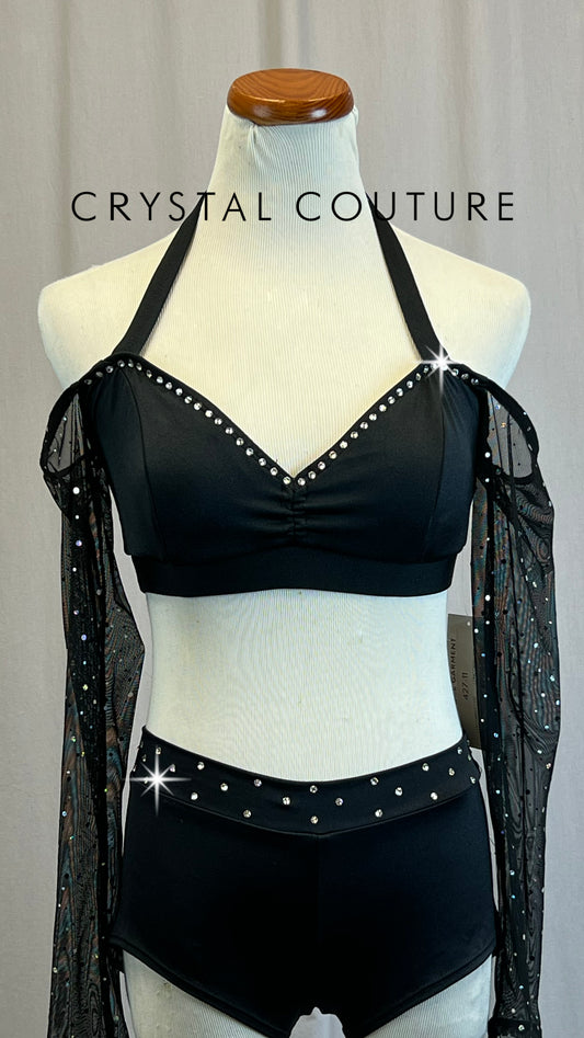 *Brand New* Black Mesh Long Sleeve Crop Top and Brief Two-Piece Set - Rhinestones