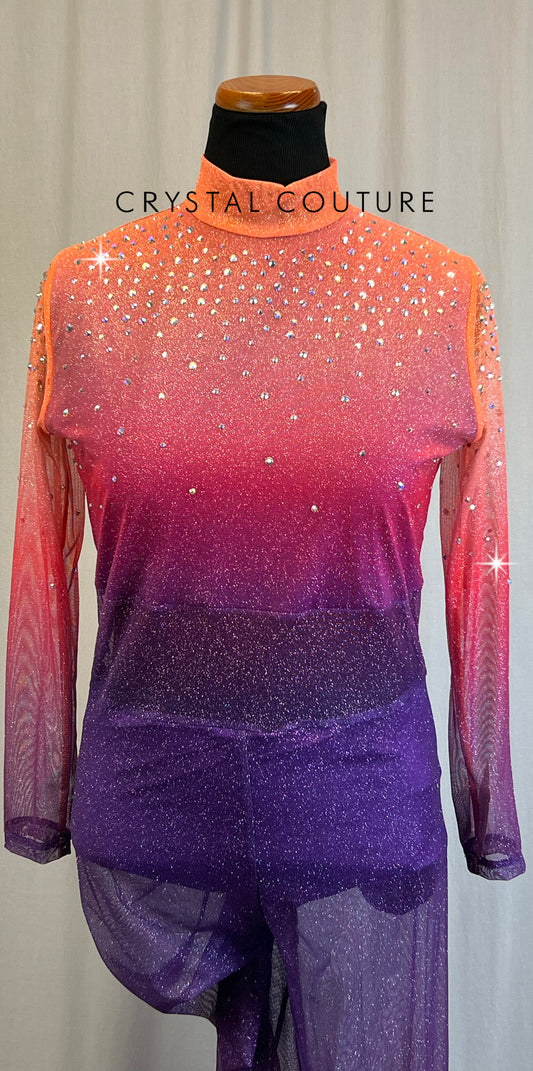 *Brand New* Orange,Pink, and Purple Glitter Mesh Long Sleeve Unitard - Rhinestones