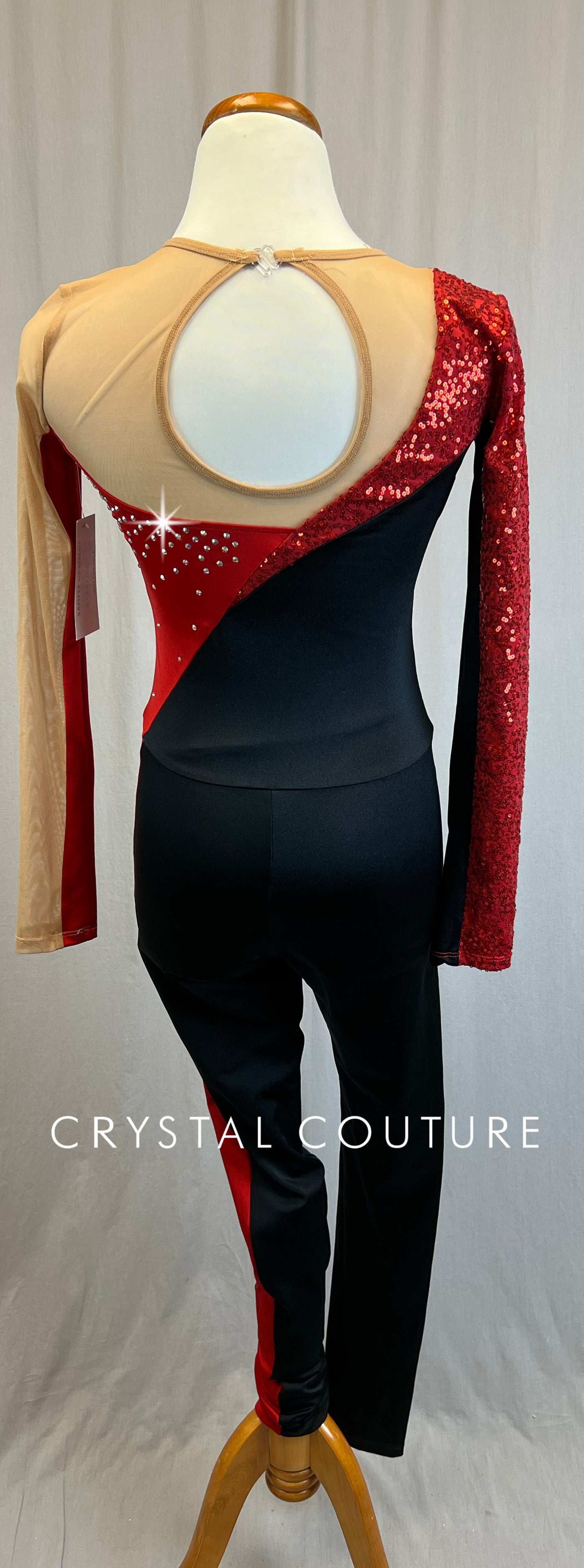 *Brand New* Black and Red Lycra and Sequin Long Sleeve Unitard with Tan Mesh Accents - Rhinestones